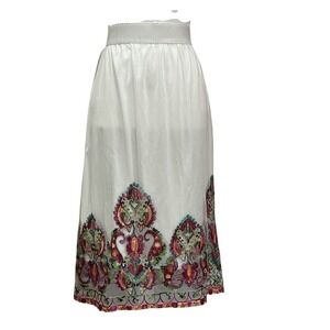 New White Skirt Embroidery Hem Elastic Waist Sz L Boho Cottagecore Indie Fairy